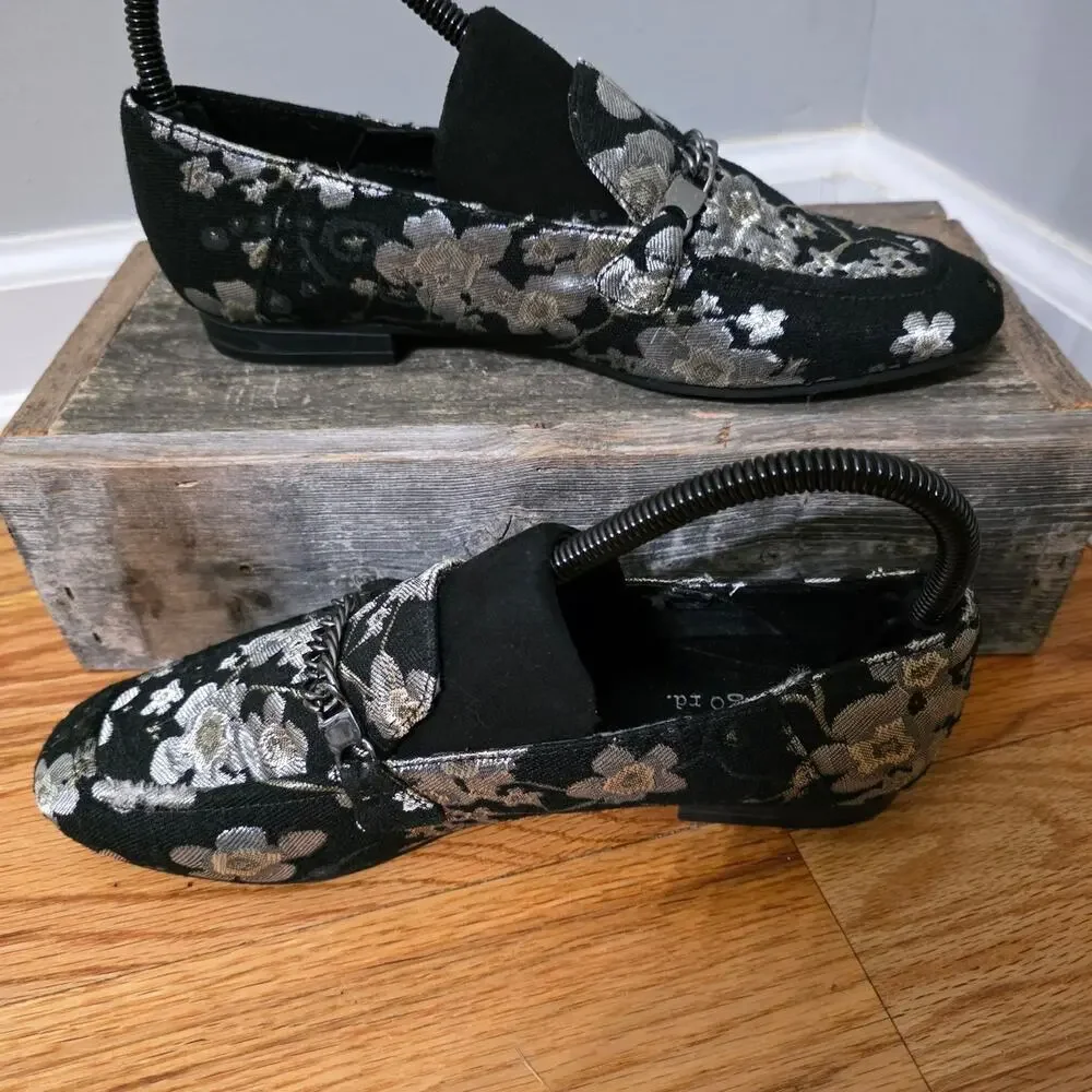 Indigo Rd. Black Floral Brocade Loafers Silver Chain Detail Size 7M